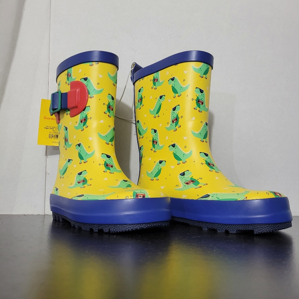 SunSquad Kids Gardening Rain Boots Size M (7-8), Yellow/Blue with Dinosaur Print